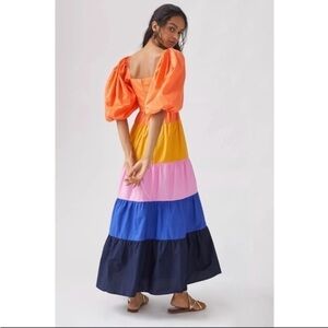 ANTHROPOLOGIE Farm Rio Tiered Colorblocked Maxi Dress XXS Petite Boho Maximalist